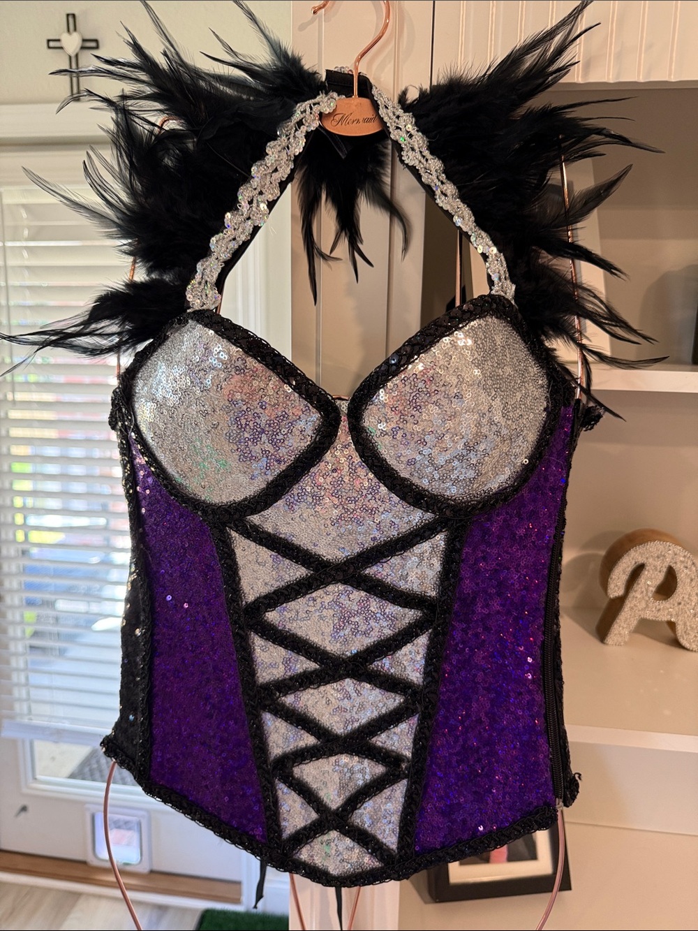 Sequin Feather Halter Corset Top in Silver & Purple